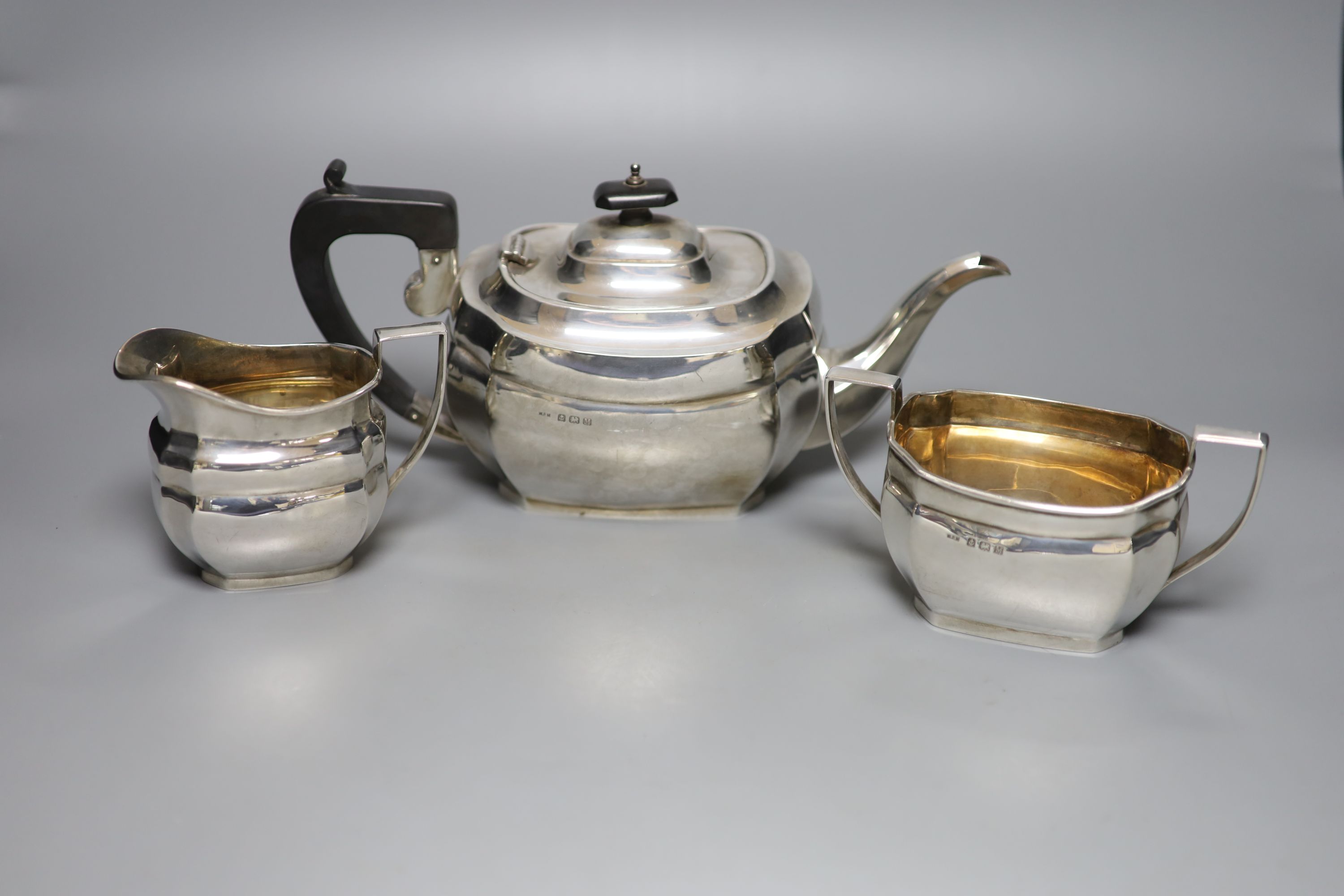 A 1930's silver three piece tea set, W.F. Mitchell, Birmingham, 1936